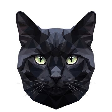 Geometric polygonal black cat head with striking green eyes and intricate triangular facets against a clean white background