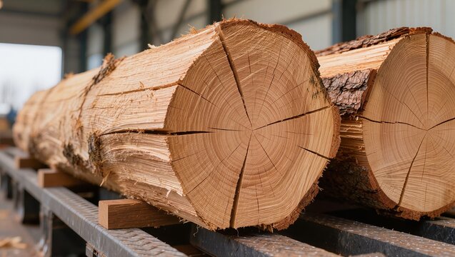 Industrial timber processing concept, a close-up view of fresh log ends with detailed wood rings and bark on a sorting line, emphasizing forestry, logging, and raw lumber production