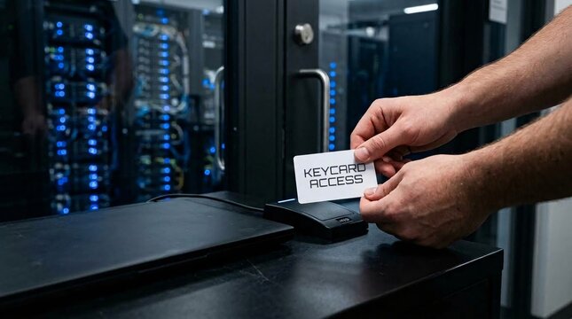 Close-up of hands holding a card labeled "KEYCARD ACCESS" near a reader terminal outside a server rack room for authentication.