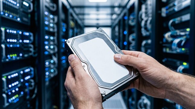 Close-up of hands holding a 3.5-inch hard disk drive with a blank label inside a high-density data center server room.