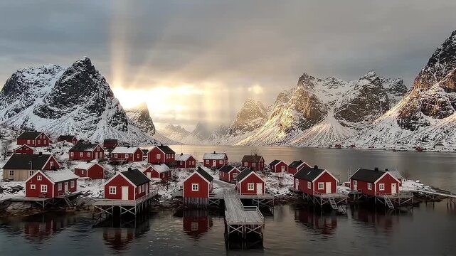 Red cabins in snowy lofoten mountains
