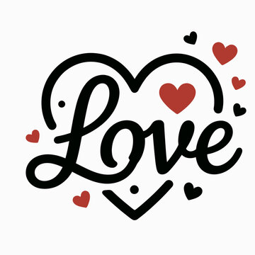 A stylized heart shape with the word "Love" written in elegant script inside, surrounded by small red and black hearts.