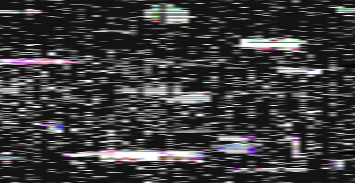 Monochrome glitch background with horizontal signal distortion, dense crt static noise, tv snow grain and scanline overlay on black