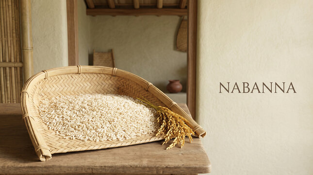 Woven Bamboo Winnowing Fan with Harvest Rice and "Nabanna" Text
