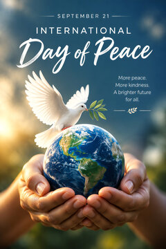 International day of peace poster featuring white dove holding olive branch over planet earth held within pair of human hands