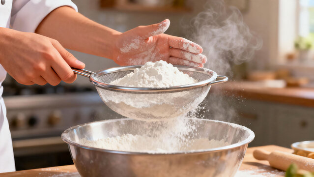 Baker sifting flour into a mixing bowl