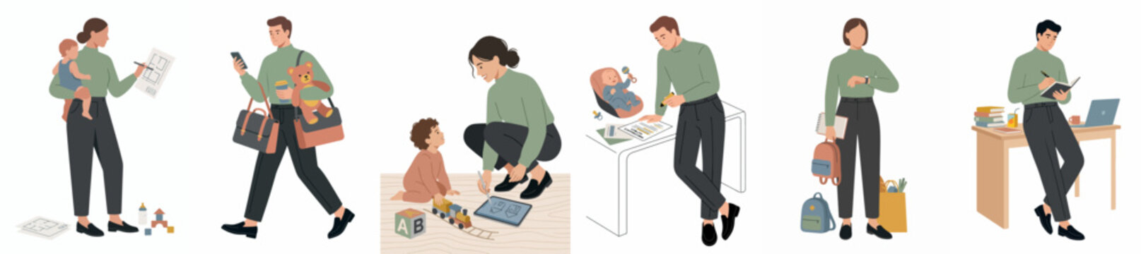 Set of flat vector illustrations depicting the daily life and challenges of busy working parents balancing career, childcare, and household responsibilities.