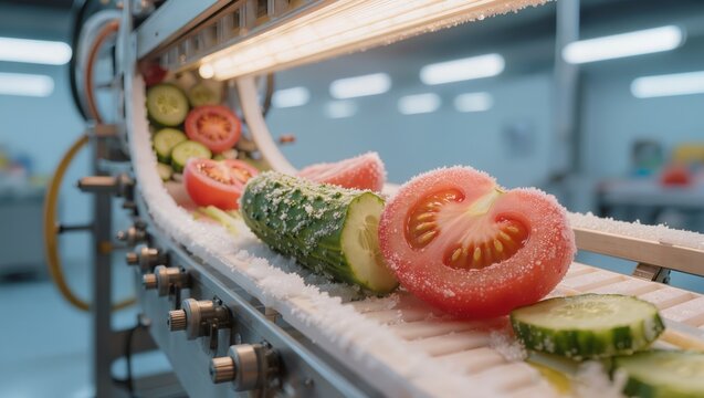 Industrial frozen vegetable production line, a conveyor belt moving fresh tomatoes and cucumbers under a robotic cryogenic freezing nozzle, emphasizing food manufacturing and processing
