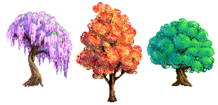 Wisteria, maple, green tree in pixel art