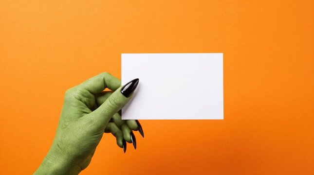 Close-up of a hand with painted green nails holding a blank white card against orange background
