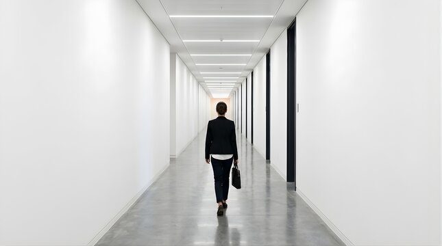Professional woman walking down a long minimalist office building corridor