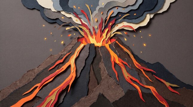 Paper art volcano eruption with glowing lava flows and smoke clouds in a creative diorama
