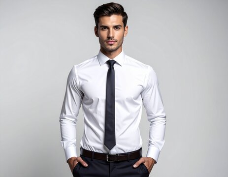 confident young businessman in white long sleeve collared dress shirt and dark tie standing isolated studio portrait