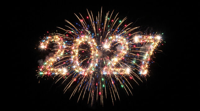 Straight angle perspective of sparkling 2027 fireworks glowing against black background