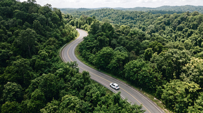 White sedan driving along a winding asphalt road through dense green lush tropical forest landscape