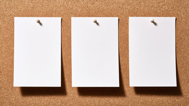 Three blank white paper sheets pinned with thumbtacks on brown cork board for notes message or reminder concept