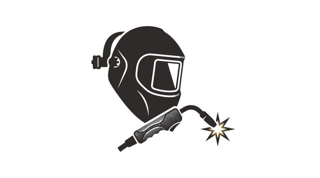 Industrial welding mask and torch vector graphic illustration featuring sharp lines with a vibrant spark for professional manufacturing branding projects