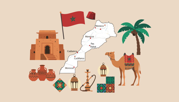 Beautiful travel collection showcasing Moroccan culture and landmarks, including a map, camel, palm tree, and traditional pottery.