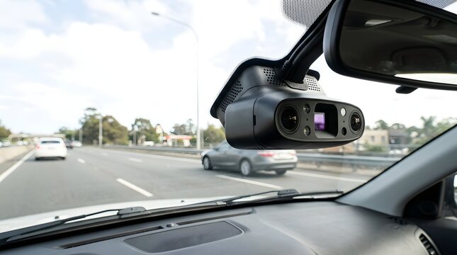 Sophisticated autonomous driving dashcam sensor unit mounted to car windshield with high technology dual lenses overlooking a busy highway during bright daytime for automotive safety and navigation