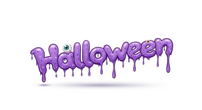 Cute purple Halloween text with dripping slime effect and eye on the letter H, festive and spooky design for commercial use