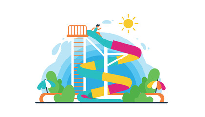 Naklejka premium Vibrant water park features a giant spiral slide and a young swimmer getting ready to slide down on a hot summer day.