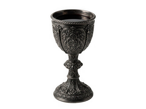 Ornate antique silver chalice with intricate floral engravings isolated on transparent background
