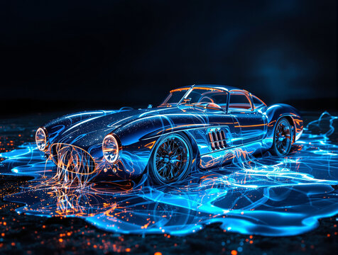 Classic Vintage Sports Car Glowing with Blue Electric Plasma Energy