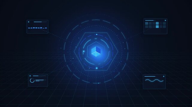 Glowing blue cube rotates inside a complex digital interface animation featuring interactive data analytics panels for modern motion design footage