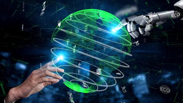 This image depicts a futuristic collaboration between human and robot, symbolizing the integration of technology and sustainability for a greener planet. Xenic