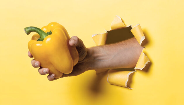 Creative Concept of a Human Arm Breaking Through Yellow Paper Wall Holding a Fresh Yellow Bell Pepper
