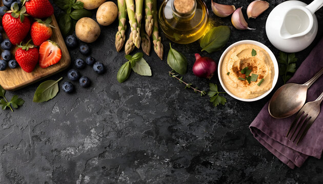Healthy Fresh Food Ingredients Flat Lay on Dark Rustic Background with Copy Space