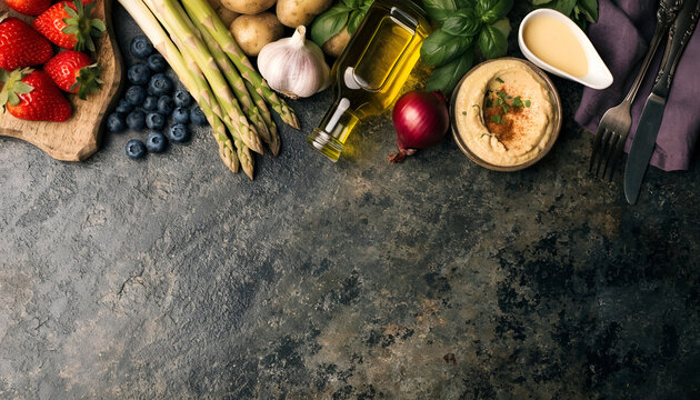 Healthy Fresh Food Ingredients Flat Lay on Dark Rustic Background with Copy Space