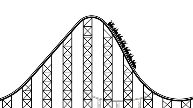 Rollercoaster silhouette vector graphic illustration featuring a fast train descending from a high peak in a fun amusement park setting