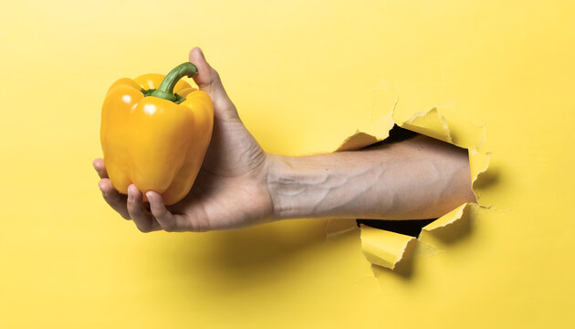 Creative Concept of a Human Arm Breaking Through Yellow Paper Wall Holding a Fresh Yellow Bell Pepper