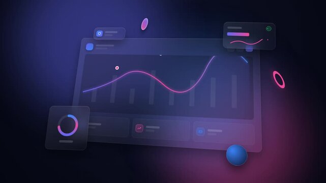 Financial dashboard interface displaying dynamic market growth charts with glowing neon lines in this high quality motion graphics video clip