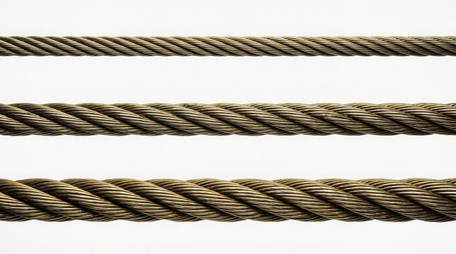 Three different sizes of strong metal steel wire rope cables for industrial construction work