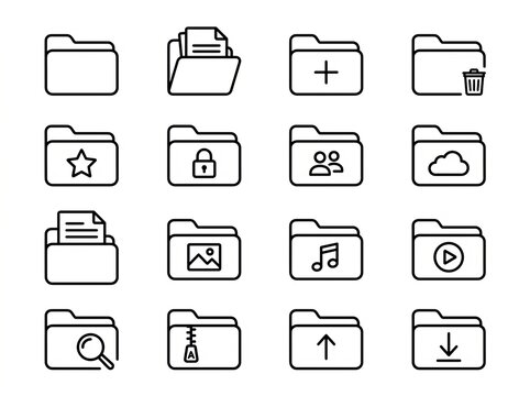 Minimalist Icon Set Showcasing Common File and Folder Symbols.