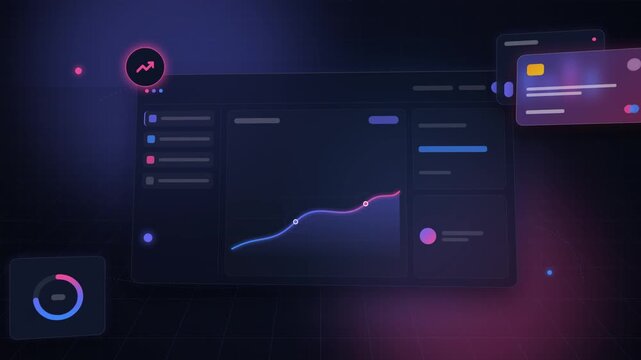 Financial analytics dashboard displaying upward growth trends with glowing neon interface elements in a dynamic digital motion graphics video clip