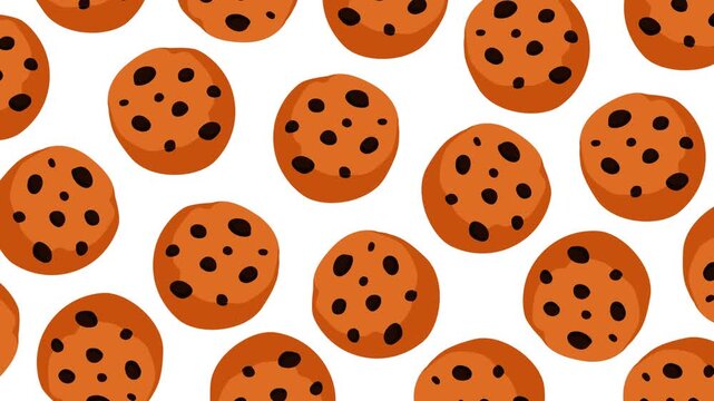 Playful animated background featuring scattered chocolate chip cookies on a clean white backdrop