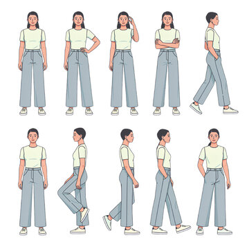 Female Fashion Model Pose Collection &ndash; Full Body Character Pose Sheet with Different Standing, Walking and Runway Poses in Clean Flat Vector Illustration Style