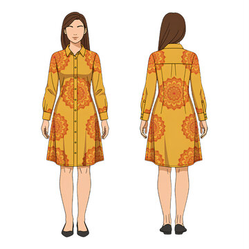 Woman Wearing Yellow Long Sleeve Shirt Dress with Red Mandala Pattern &ndash; Front and Back Fashion Apparel Design in Clean Flat Vector Illustration