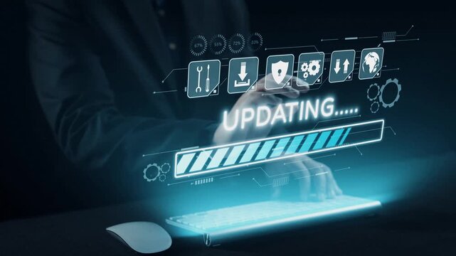 A detailed representation of hands typing on a translucent keyboard, surrounded by neon icons that signify 24 hour communication and digital services in a dark setting. Qubit