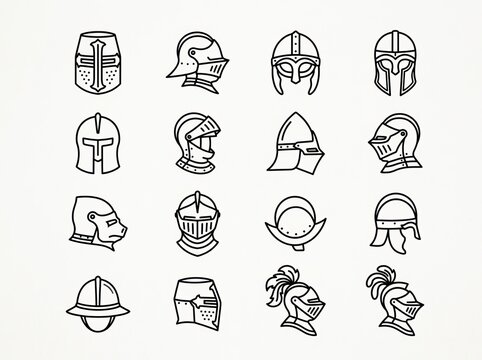 Medieval Knight Helmets and Armor Designs in Black and White Line Art.