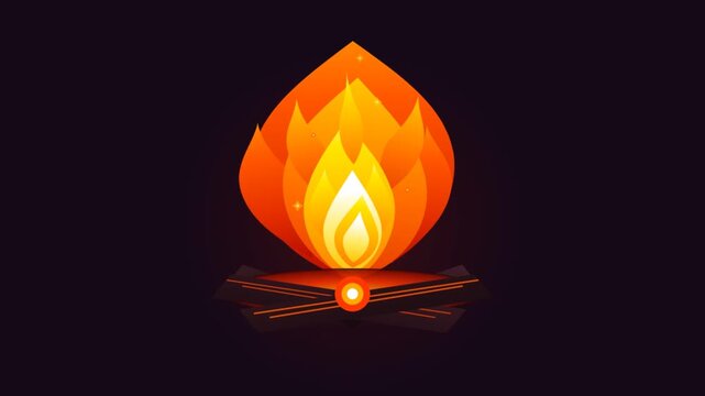 Animated bonfire with glowing orange flames and logs on dark background