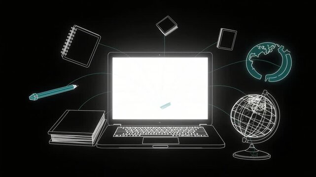 Laptop computer screen displays glowing educational icons in a dynamic motion video animation against a stark solid black background setting