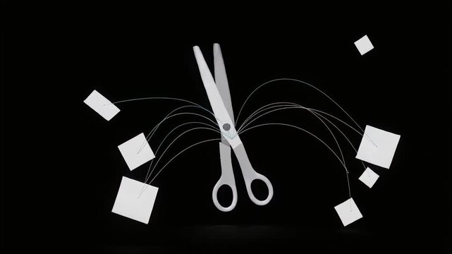 White scissors cutting various paper squares while floating in space creating dynamic movement within this abstract digital motion video clip