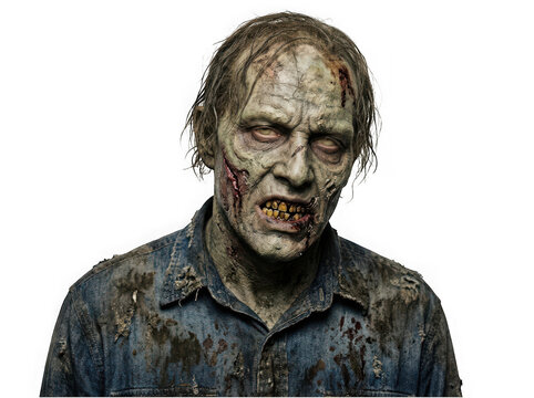 Scary zombie man with decaying skin and tattered clothes isolated on transparent background