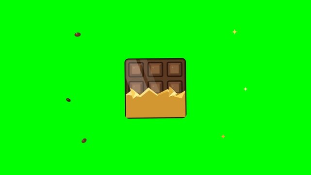 Animated chocolate bar floating on green screen background with sparkles