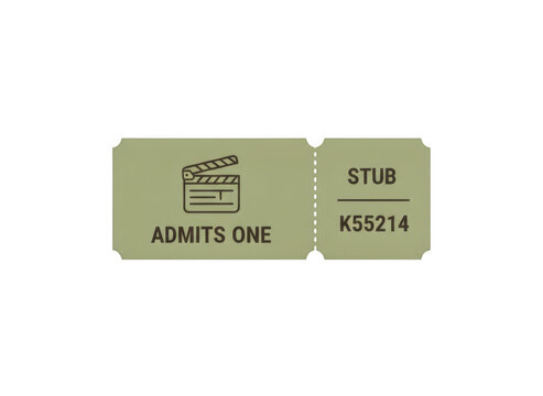 A single cinema movie ticket with film clapper icon and admit one text in a simple flat olive green color