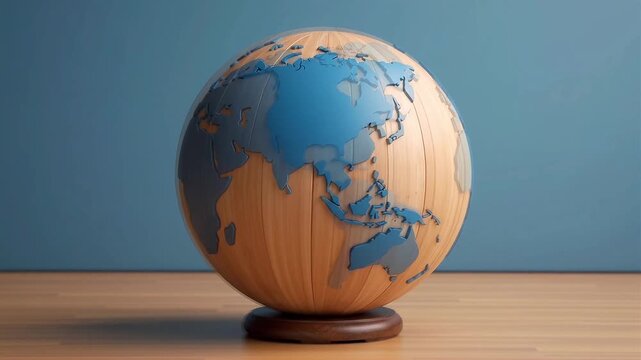 Wooden globe with blue continents on a desk
